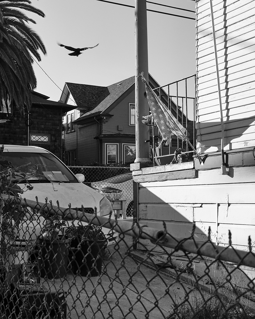 A black and white picture of homes, a bird, and a faded American flag in Oakland, California